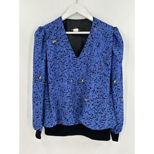 Vintage Simon Sez Blouse Womens 11/12 Blue Black 80s Retro V Neck Long Sleeves